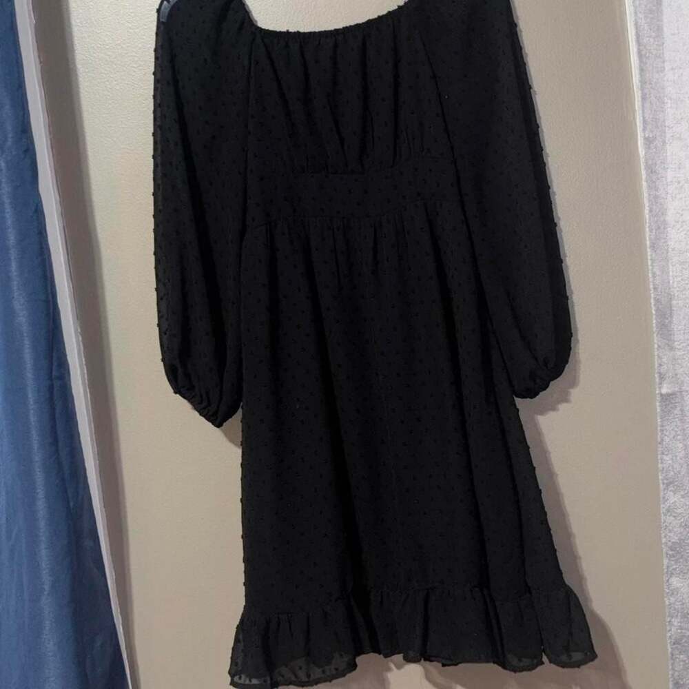 Black Swiss Dot Long Sleeve Ruffle Hem Babydoll Dress